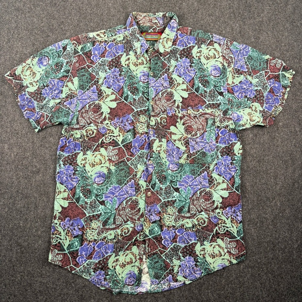Vintage Santana Rayon Shirt Small Abstract Floral Geometric 90s Short Sleeve